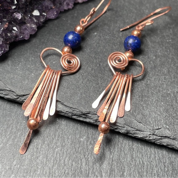 Genuine Blue Lapiz Lazuli Beaded Fringe Copper Earrings Artisan Designed - Picture 9 of 15